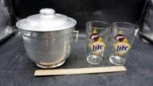 Ice Bucket & 2 Miller Lite Glasses