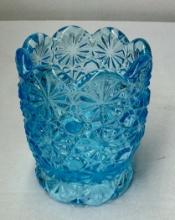 Vintage Le Smith Daisy & Button Blue Glass Toothpick Holder 2 14