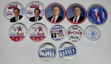 12 Political Campaign Buttons -Bush, Mccain & Palin And Harvey