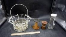 Metal Basket, Spools & Glass Container