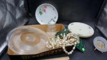 Plates, Footed Soap Dish, Bead Garland, Glass Platter