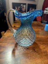 Chalet Canada Blue Glass Pitcher Vase  Diamond Like Pattern