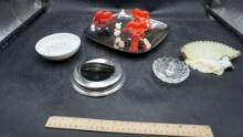 Glass Ring Holder, Ashtray, Shell Dish, Tray & Heart Figures