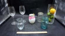 Wine Glasses, Glass Jars, Vase & Faux Fruit