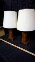 2 - Matching Wooden Base Lamps (Some Staining On Shades)