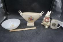 Mug, Rabbit Statue, Fire-King Bowl & Lenox Rose Planter