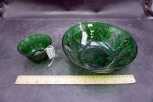 Forest Green Glass Vintage Anchor Hocking Bowl & Custard Cup