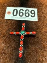 CORAL & TURQUOISE CROSS PENDANT