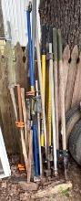 Lot of Misc. Tools: Post Hole Diggers, Bar Clamps, Sledge Hammers, Pick, Load Locks, etc.