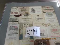 aluminum framed assorted wine label wall hanging