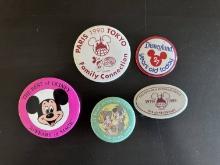 5 Various Disney Park Buttons Pins Tokyo Disneyland 1990 Disneyland International 10th Anniversary 1