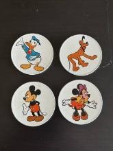 4 Vintage Disney Character Coasters Featuring Mickey Mouse, Minnie Mouse, Donald Duck, and Pluto Wal