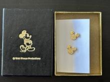 Walt Disney Productions Mickey Globe Earrings Gold in Original Box With Mickey Stamped on Front