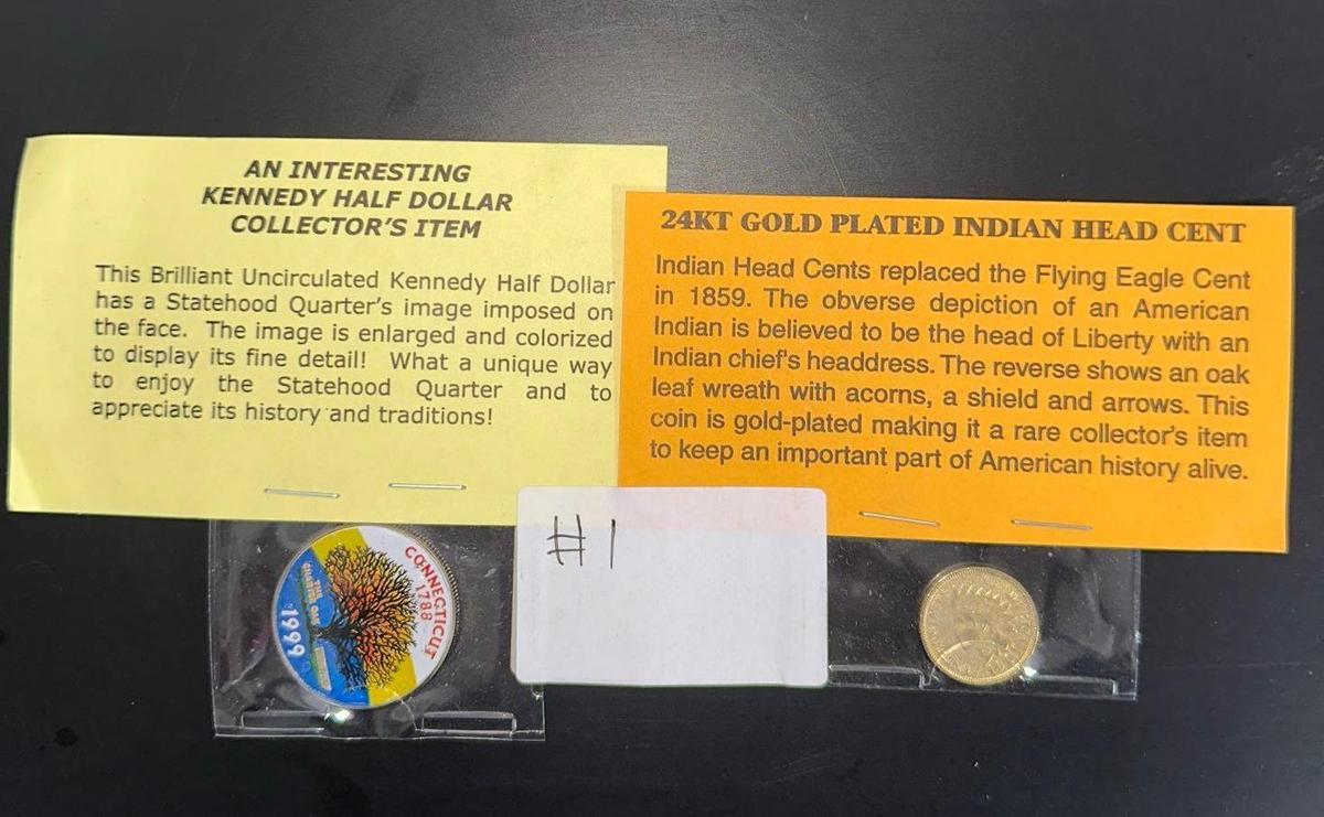 24kt Gold Plated Indian Head Cent 1904 and Kennedy Half dollar Collectors Item