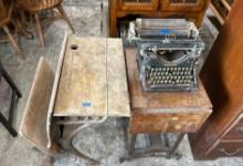 Antique School Desk, Typewriter, Table