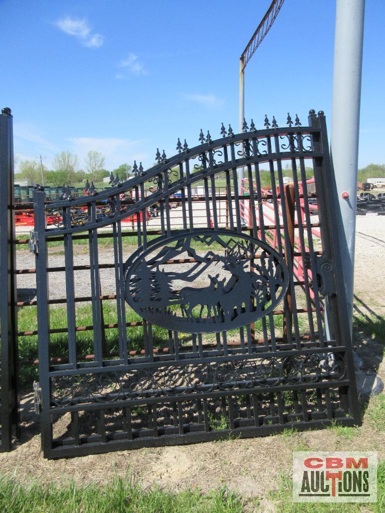 14' Dual Swing Decorative Iron Entry Driveway Gates With Deer Scene