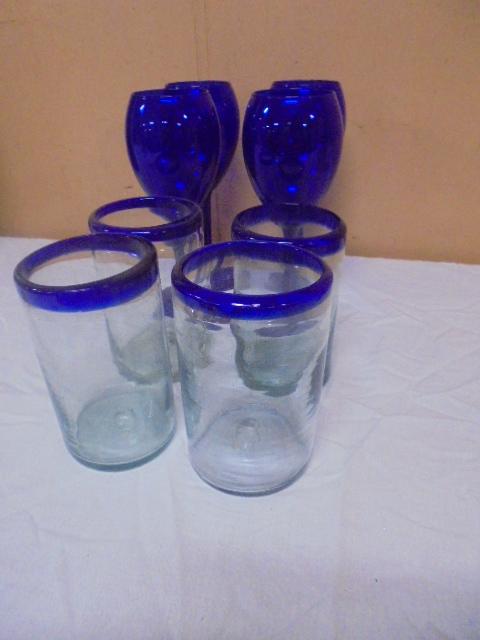 Set of (4) Blue Glass Goblets & (4) Blue Rimmed Glass Tumblers