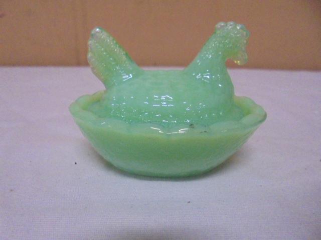 Green Glass Miniature Hen on the Nest