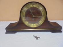 Antique Linden Wood Case Wind-Up Mantel Clock w/ Key
