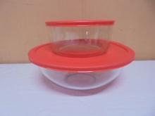 2 Round Glass Pyrex Bowls w/ Lids