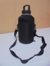 Large Brand New Stainless Steel Water Bottle in Holder w/ Shoulder Strap