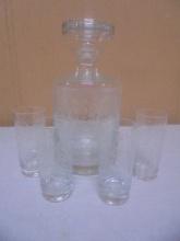 Beautiful Etched Crystal Decanter & 4 Shot Glasses