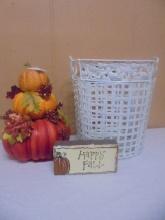 Metal Basket/14in Stacked Pumpkins Décor & Hand Painted Happy Fall Brick