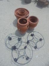 Large Group of Assorted Terra Cotta Flowers Pots & 3 Metal Plant Rollers