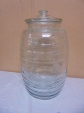 Large Glass Barrel Covered Jar