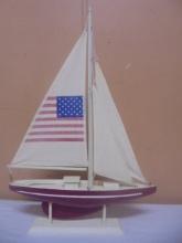Beautiful Wooden Sail Boat w/ Amreican Flag on Sail