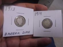 1913 & 1914 Silver Barber Dimes