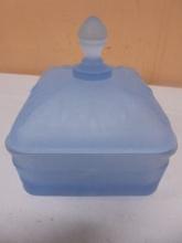 Vintage Indiana Tiara Glass Honey Bee Hive Frosted Blue Candy Dish
