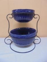 2 Blue Crock Mixing Bowls on Iron Stand