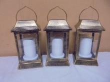 Set of 3 Solar Powered Metal & Glass Lanterns