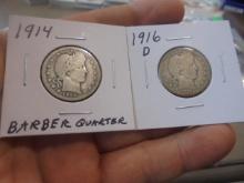 1914 & 1916 D Mint Silver Barber Quarters