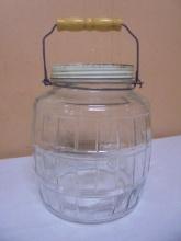 Vintage Glass Barrel Jar w/ Original Lid & Bale Handle