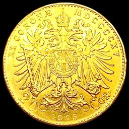 1915 Austria .1960oz Gold 20 Frnacs GEM BU