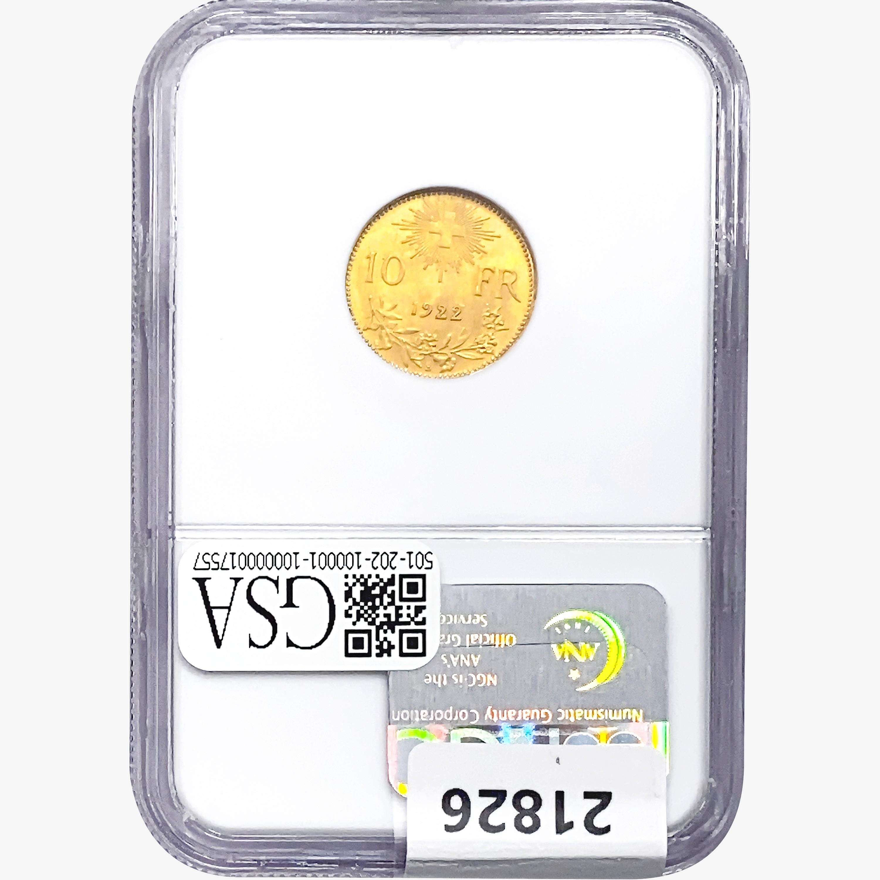 1922 .0933oz. Gold Swizerland 10 Francs NGC MS66