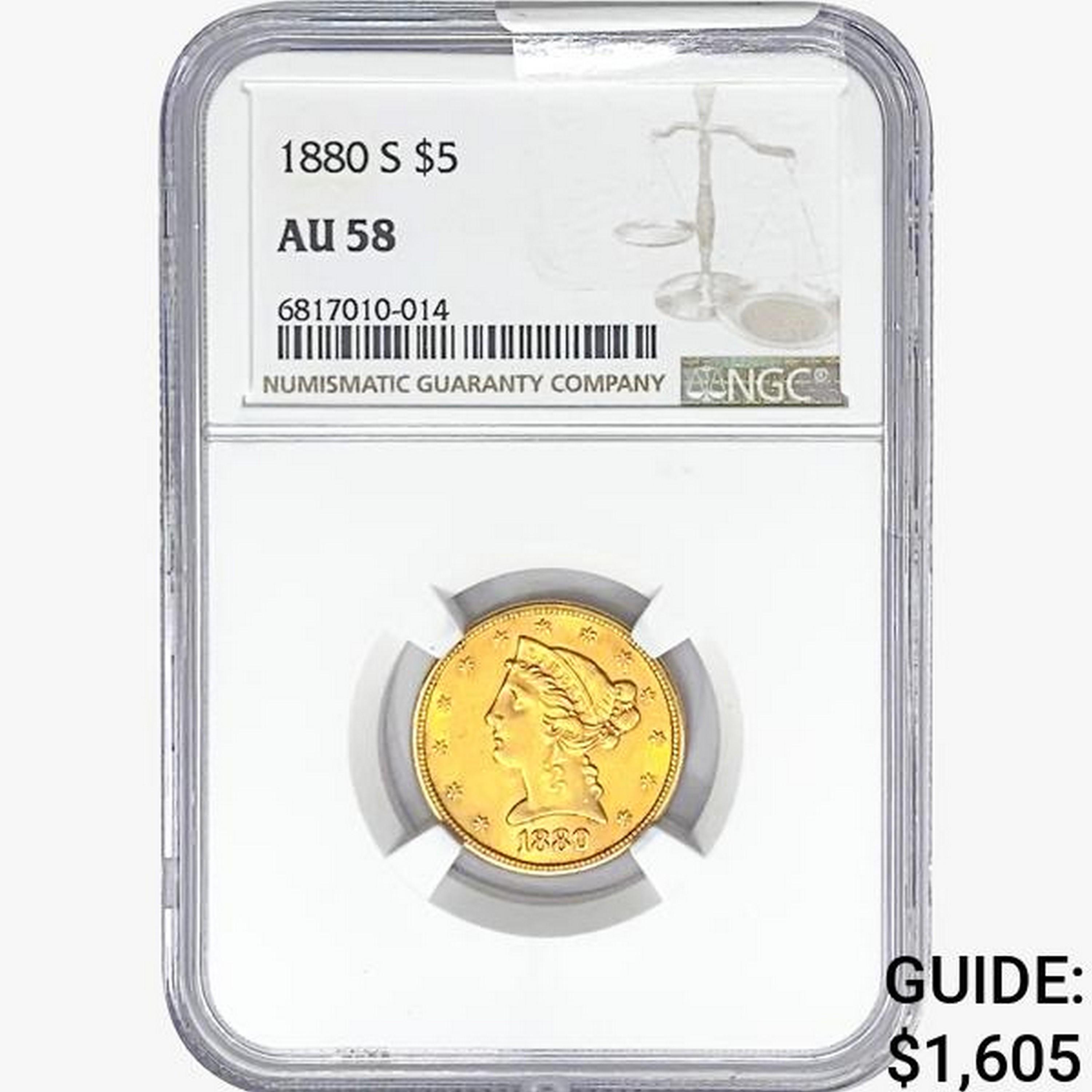 1880-S $5 Gold Half Eagle NGC AU58