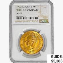 1955 DOM.REP. 30 Pesos .8571oz. Gold NGC MS62