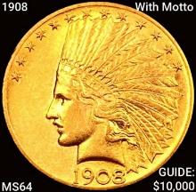1908 With Motto $10 Gold Eagle CHOICE BU