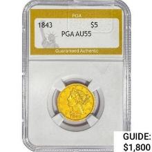 1843 $5 Gold Half Eagle PGA AU55