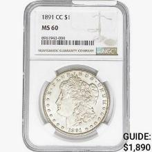 1891-CC Morgan Silver Dollar NGC MS60
