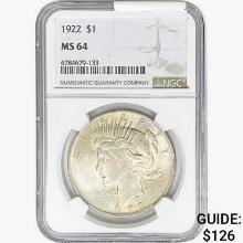 1922 Silver Peace Dollar NGC MS64