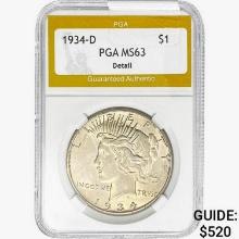 1934-D Silver Peace Dollar PGA MS63 Detail
