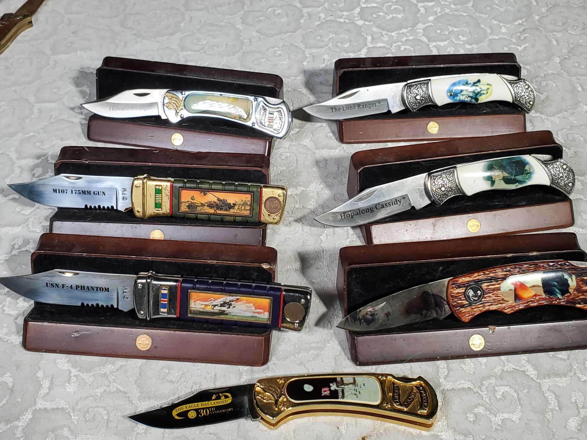 Large Lot of Collector Pocket/ Folding Knives, Dagger and Display Stands