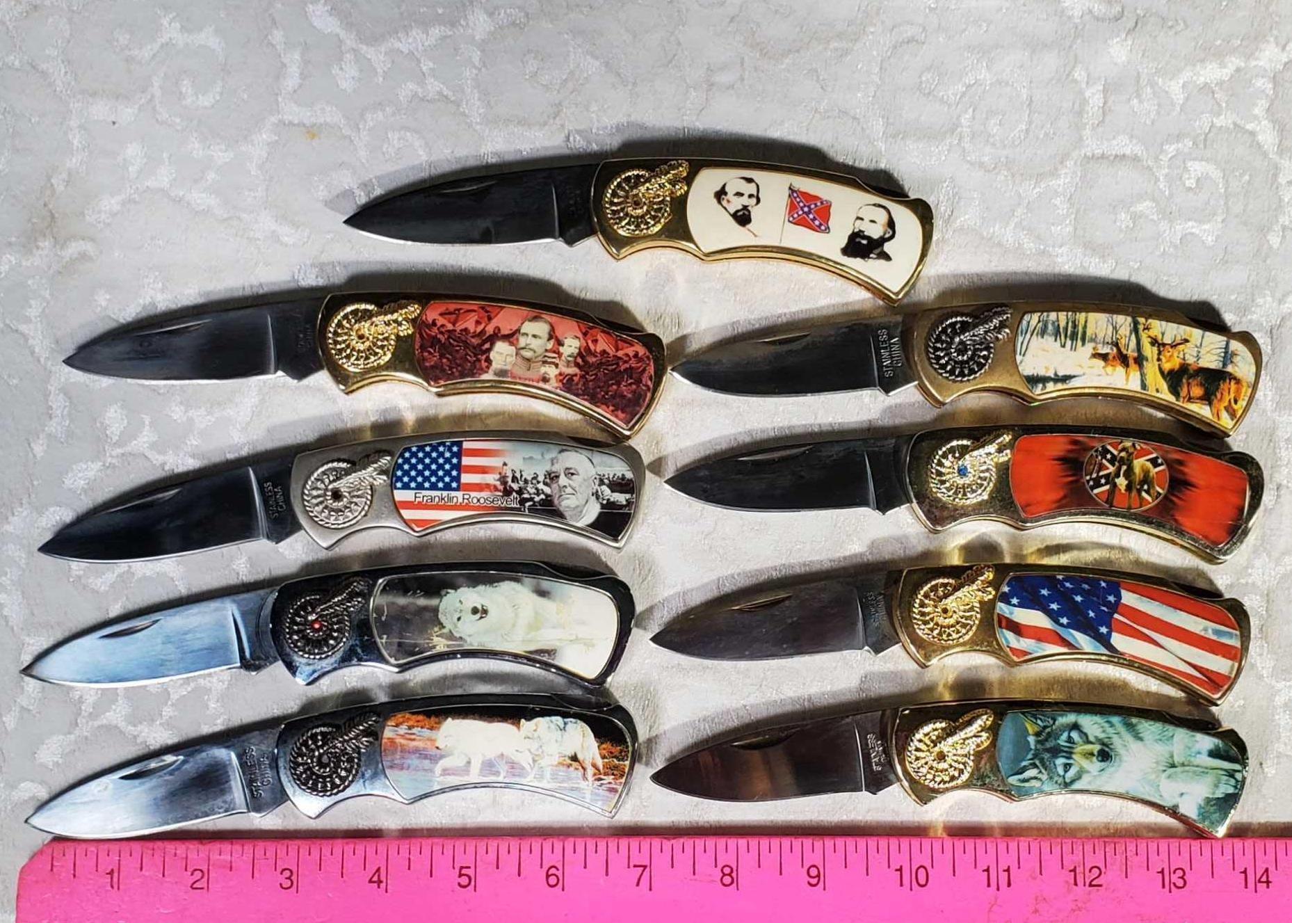 Large Lot of Collector Pocket/ Folding Knives, Dagger and Display Stands