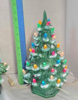 2 Vintage Ceramic Christmas Tree Lights with Snow