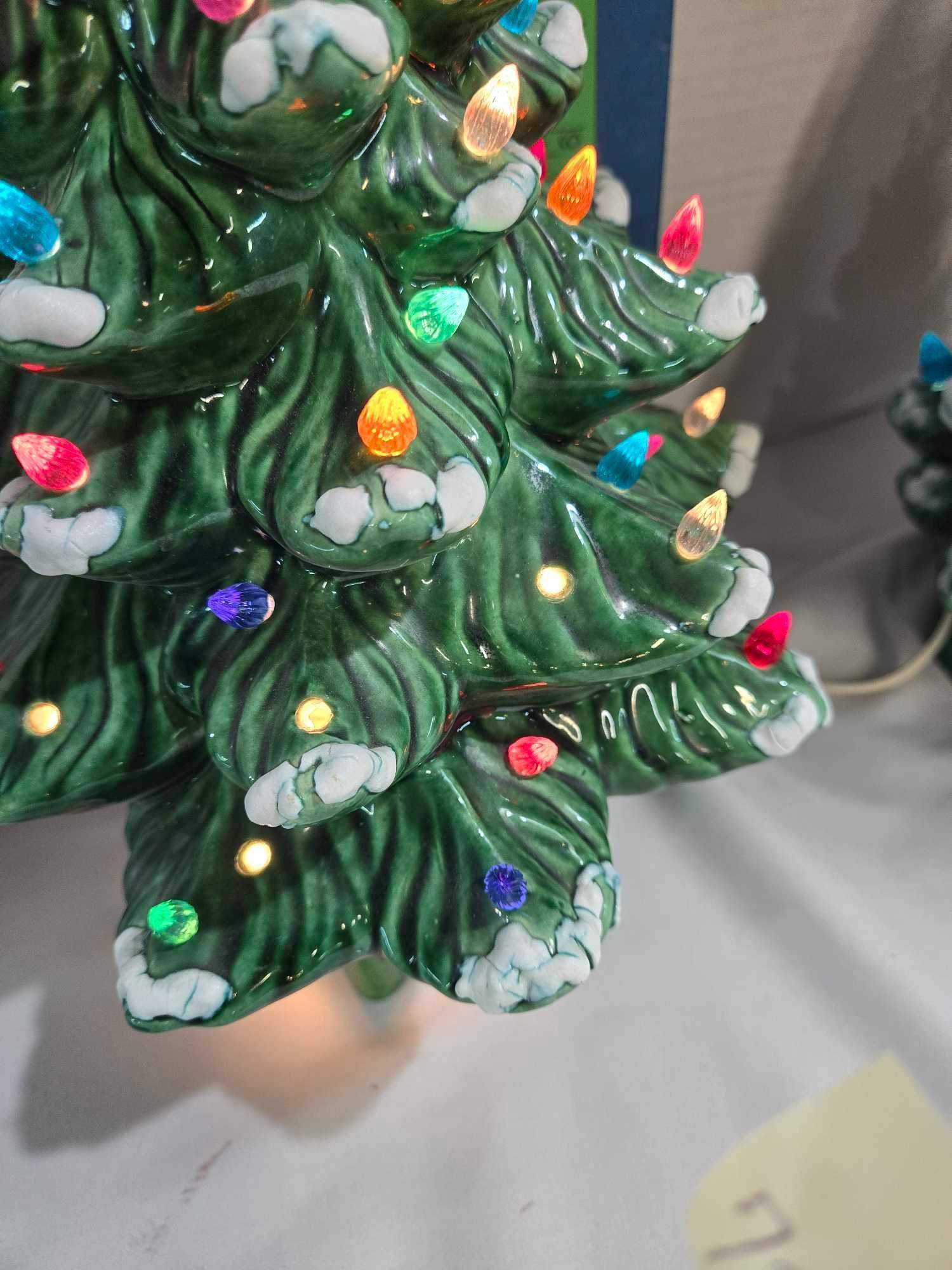 2 Vintage Ceramic Christmas Tree Lights with Snow