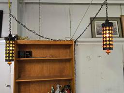 Pair of Vintage Swag Lights with Green & Orange Glass
